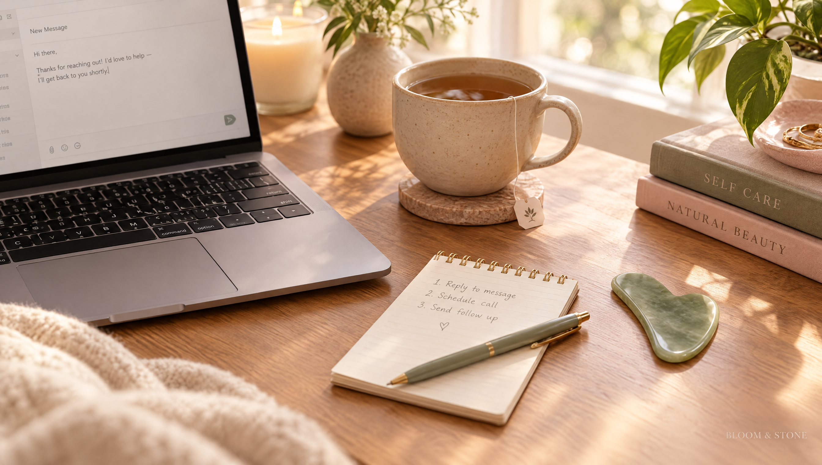Bloom & Stone - cozy desk scene with laptop, tea, and a gua sha stone, replying to a customer message