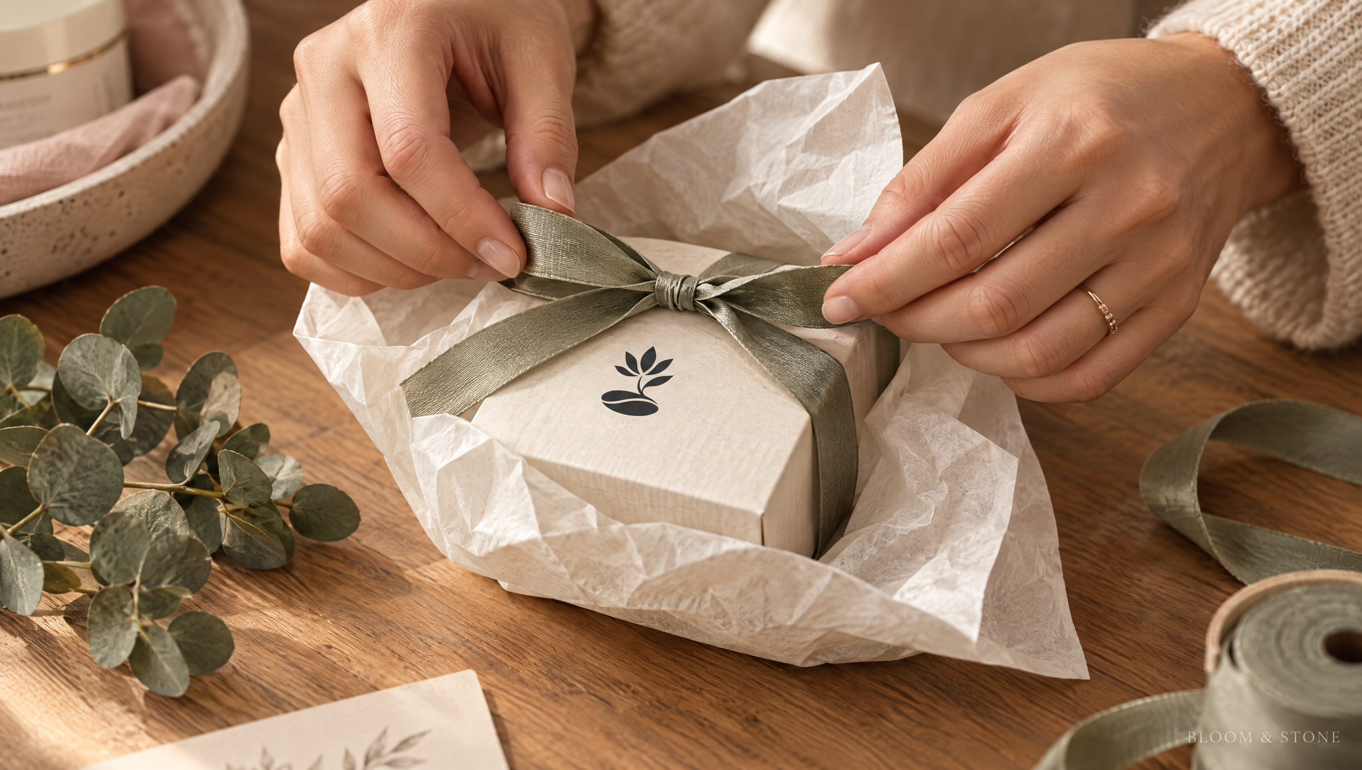Bloom & Stone - hands wrapping a product box with ribbon and tissue paper