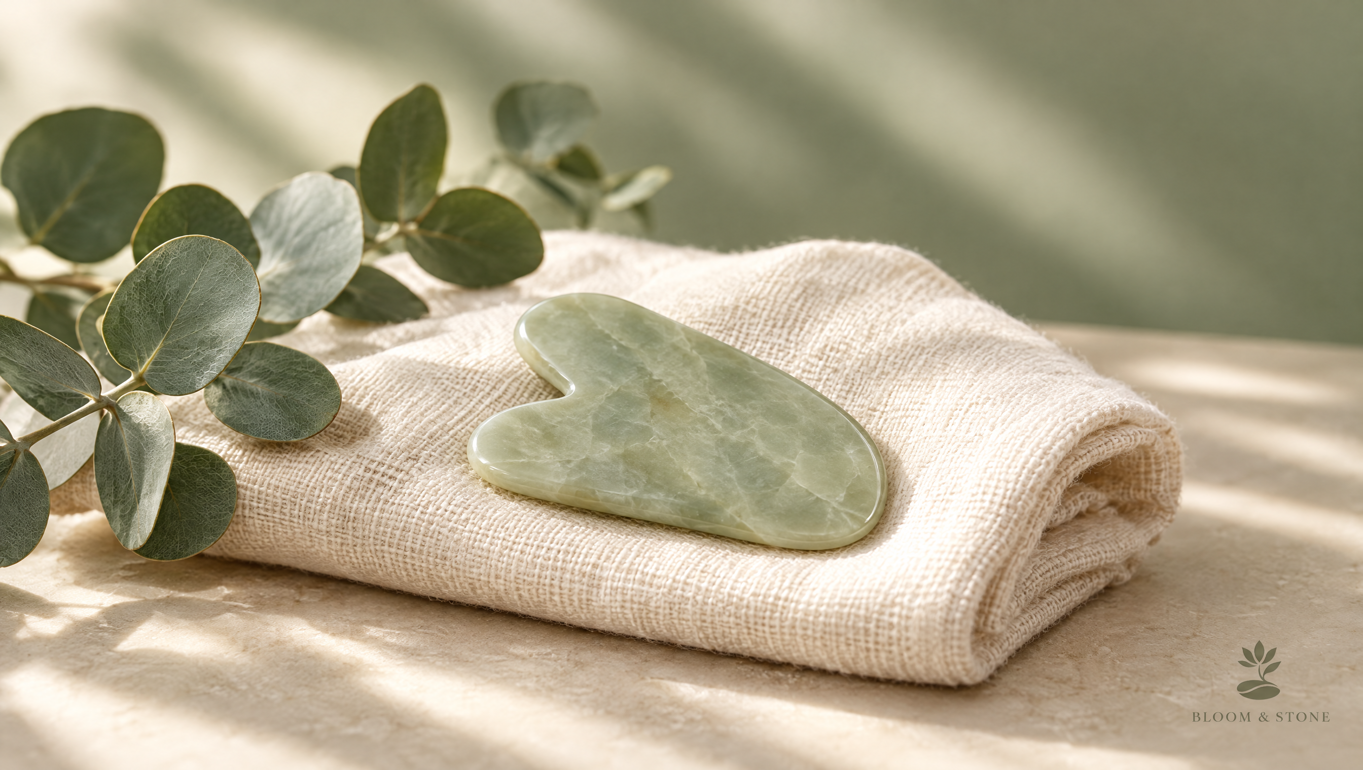 Gua sha stone and eucalyptus sprig resting on a folded linen towel