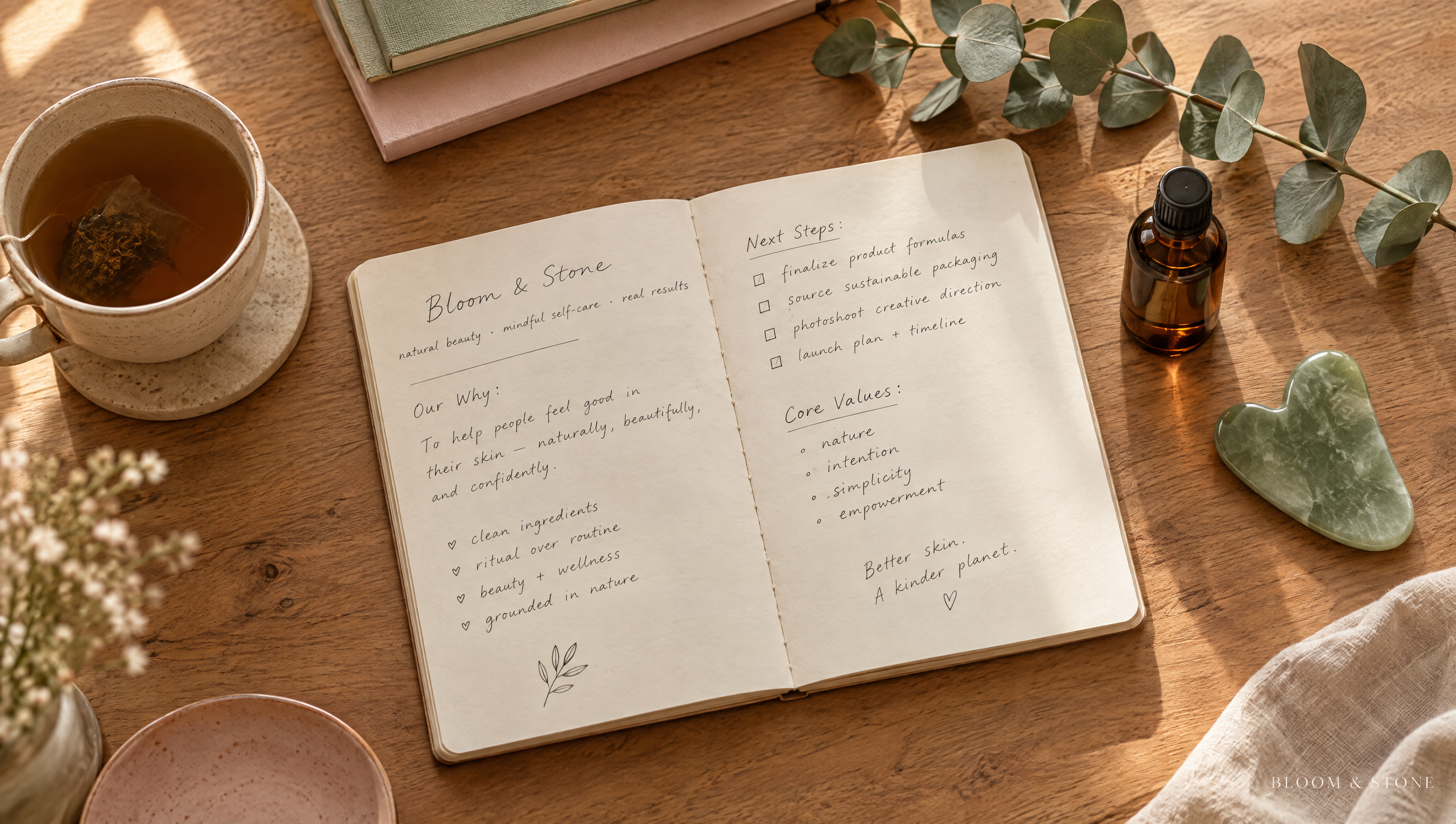 Bloom & Stone - handwritten notebook with brand values, tea, and self-care tools on a wooden desk