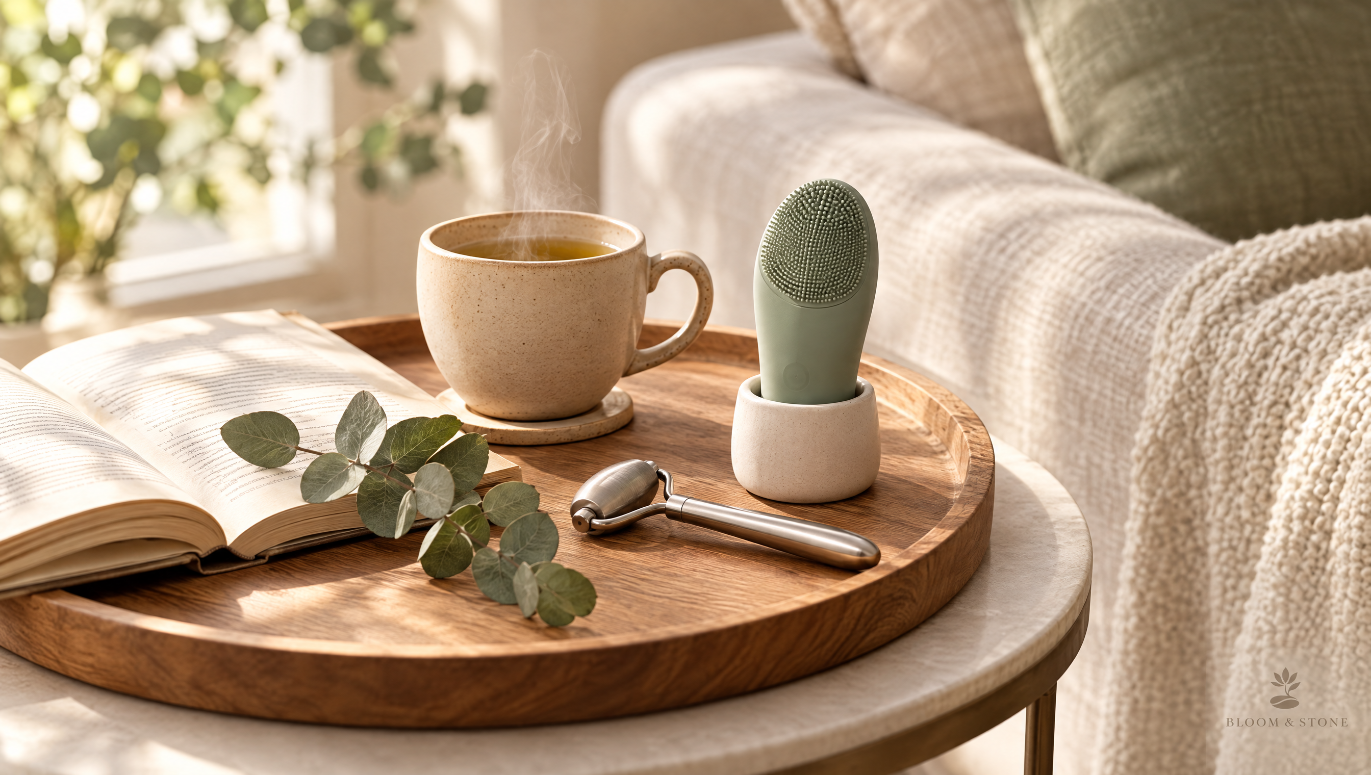 Styled tray with tea, book, eucalyptus, facial cleansing brush and roller beside a cozy sofa