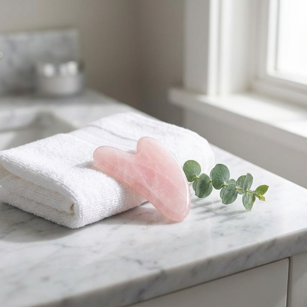 Gua Sha Facial Sculpting Stone styled on a spa bathroom counter