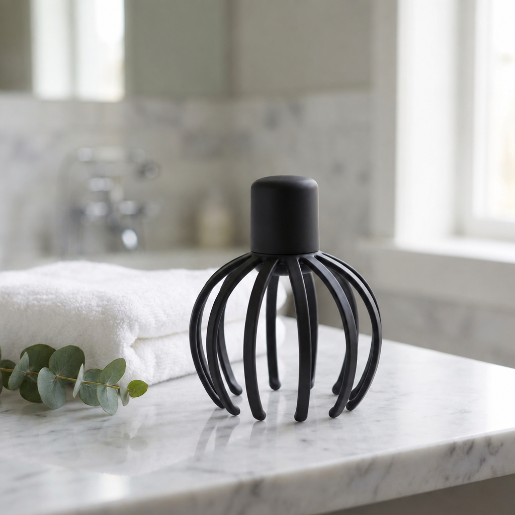 Electric Scalp Massager styled on a spa bathroom counter