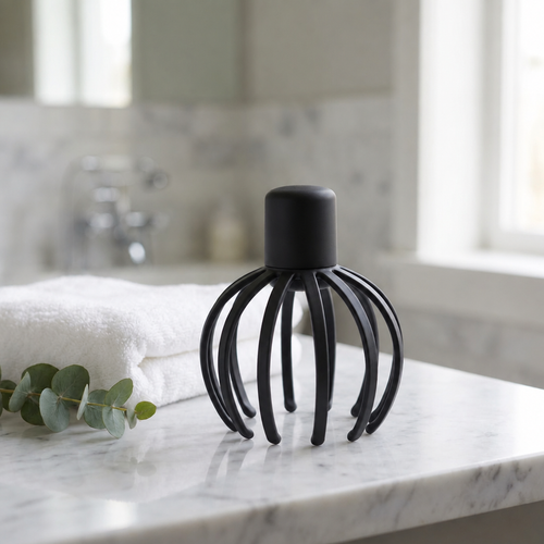 Electric Scalp Massager styled on a spa bathroom counter