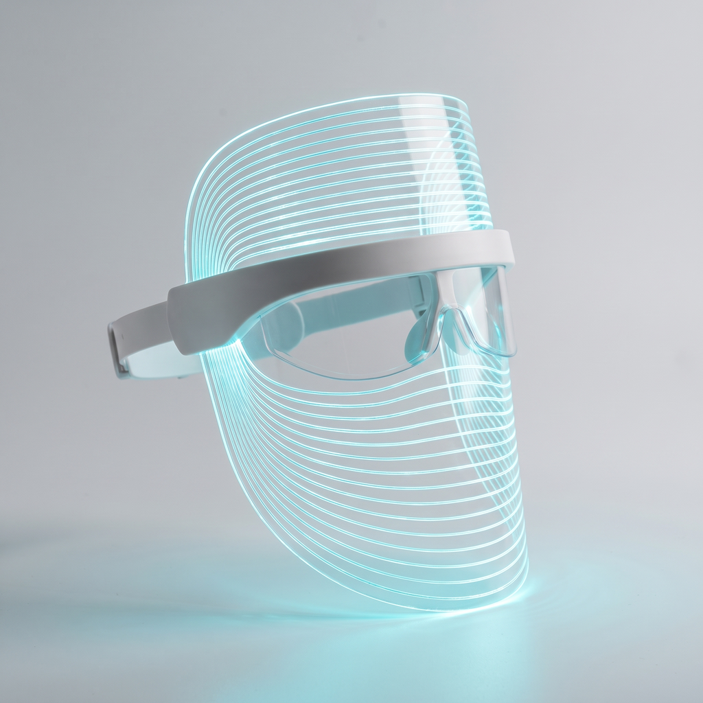 Red Light Therapy Face Mask - studio side profile, teal LED glow