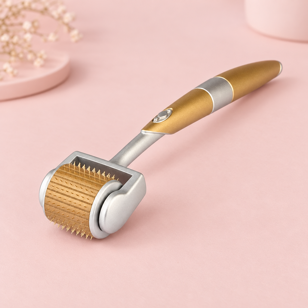 Titanium Microneedle Derma Roller styled hero shot on blush-pink surface