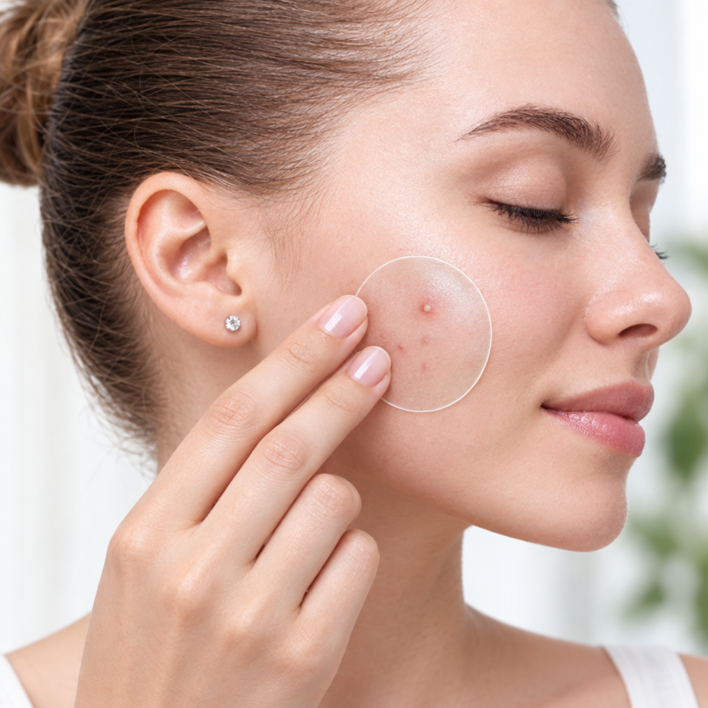 Applying hydrocolloid acne patch to cheek