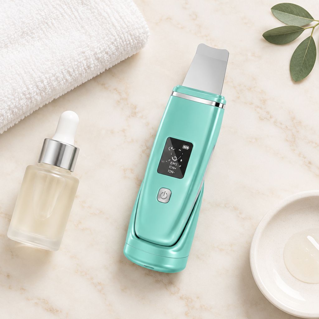 Ultrasonic Facial Skin Scrubber styled flat lay