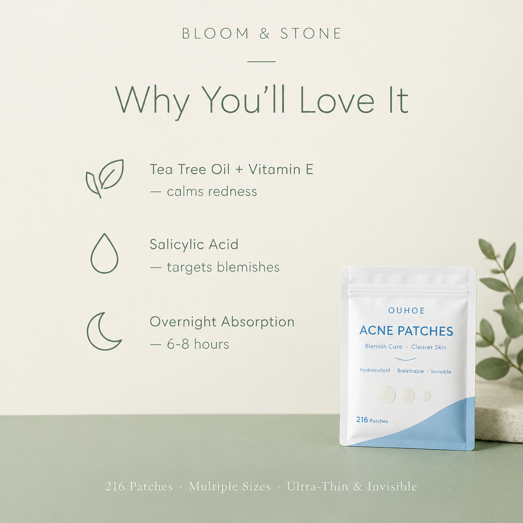 Hydrocolloid Acne Patches benefits infographic - tea tree oil, salicylic acid, overnight absorption