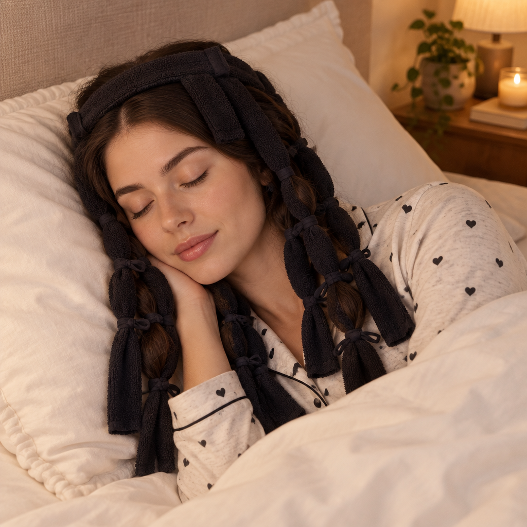 Woman sleeping wearing the Heatless Curling Headband in Black