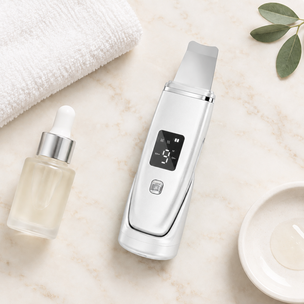 Ultrasonic Facial Skin Scrubber in White - styled flat lay