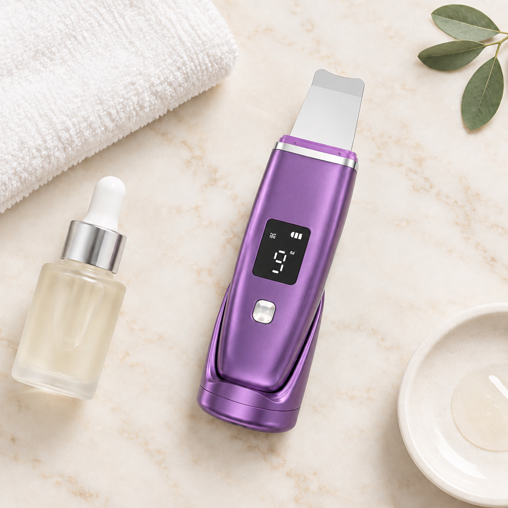 Ultrasonic Facial Skin Scrubber in Purple - styled flat lay