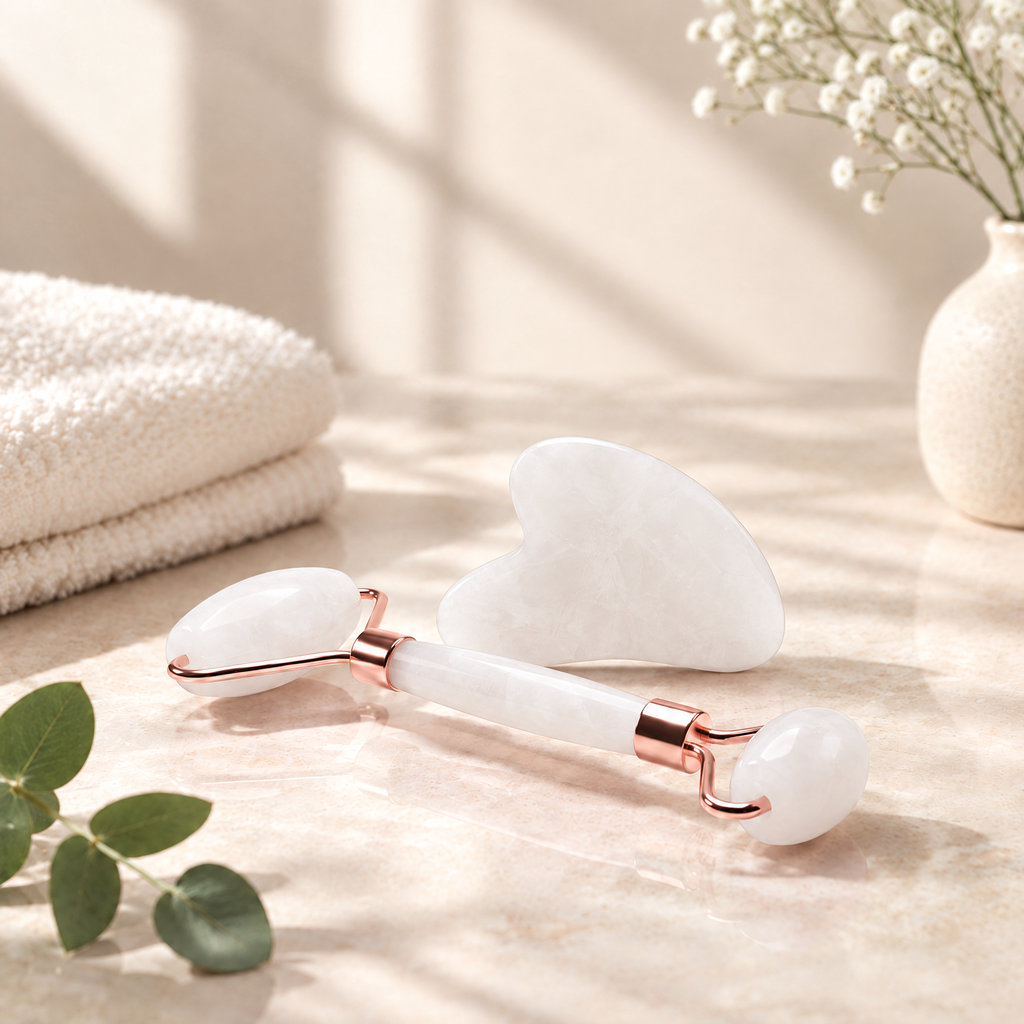 Gua Sha Facial Sculpting Stone in White, premium spa styling