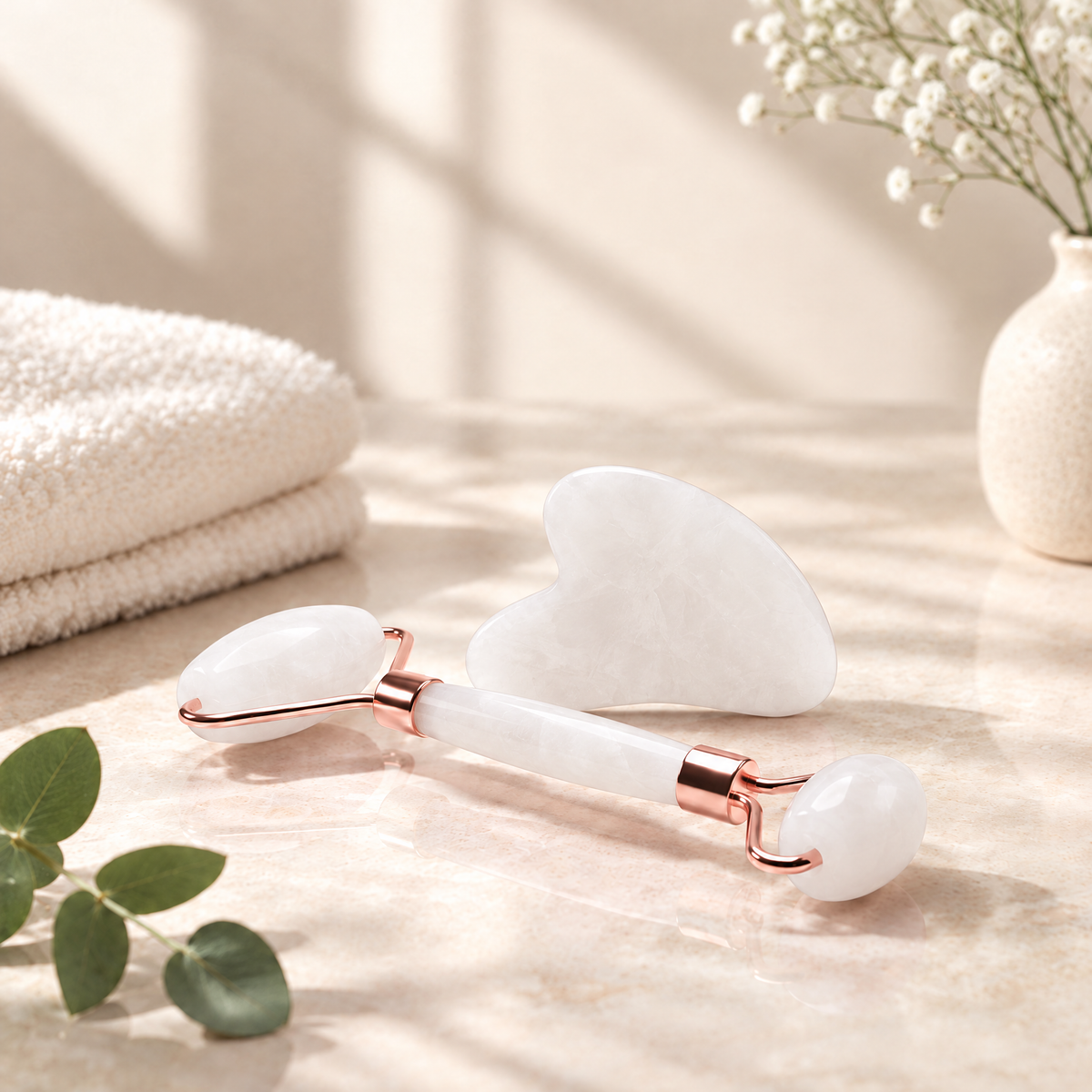 Gua Sha Facial Sculpting Stone in White, premium spa styling