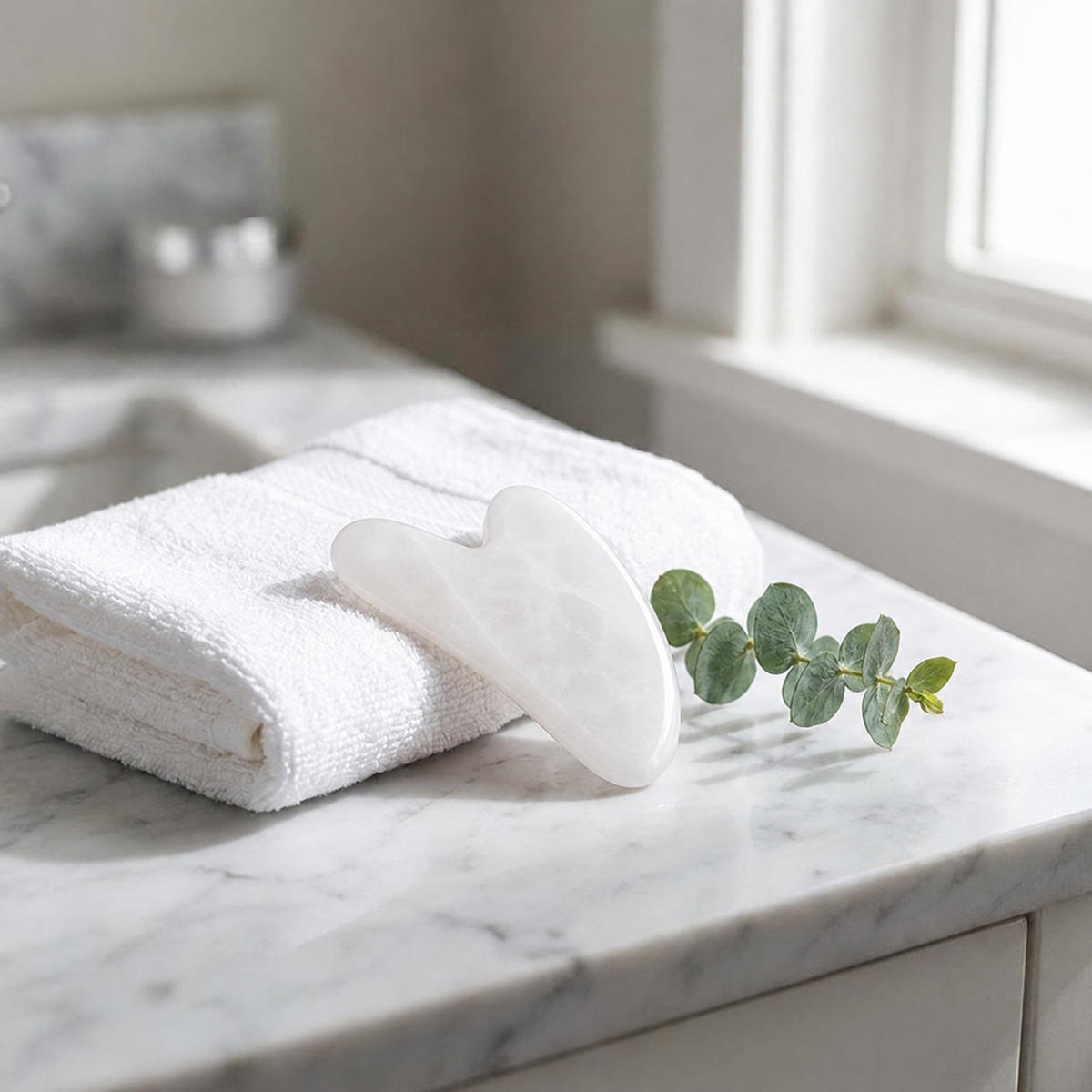 Gua Sha Facial Sculpting Stone in White, styled on a spa bathroom counter